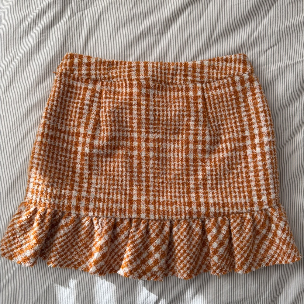 Naked Zebra Orange and White Plaid Tweed Skirt